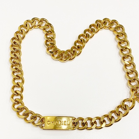 CHANEL 24k Flash Gold Plated Logo ID Necklace Curb Chain Unisex - Picture 10 of 12